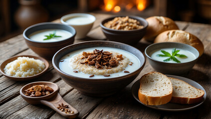 Rustic Breakfast with Warm Porridge, Milk, Fresh Bread, and Nuts in a Cozy Country Setting
