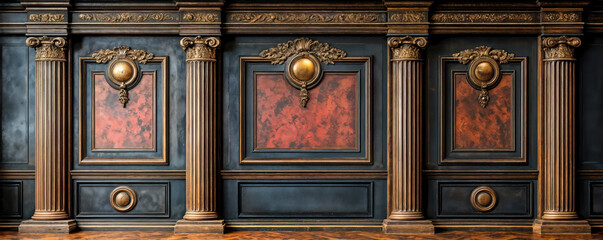 Elegant Classic Luxury Wood Paneling Wall with Ornate Columns and Decorative Frames in a Traditional Premium Interior Design