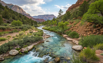 A colorful portrayal of a meandering stream gracefully navigating through a rugged terrain, where crystalline waters mirror encompassing elements, evoking a tranquil and organic ambiance