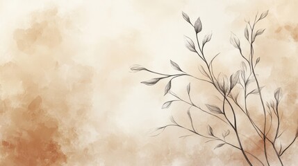 Fototapeta premium A sophisticated hand-drawn line art backdrop with organic branches flowing across a warm ivory watercolor texture