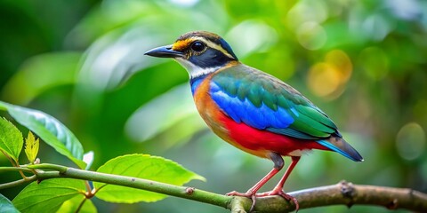 Naklejka premium Miniature Indian Pitta Bird Perched on Branch, Tilt-Shift Photography