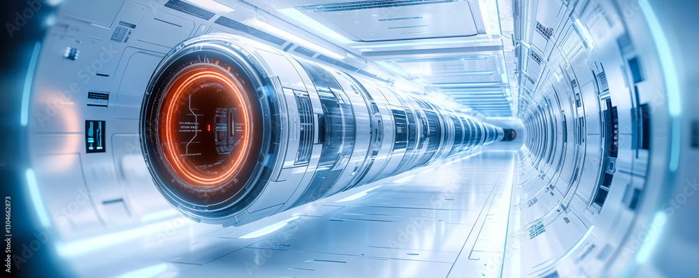 Poster futuristic mainframe connection in high-tech white mechanized room with energy core and docking inte