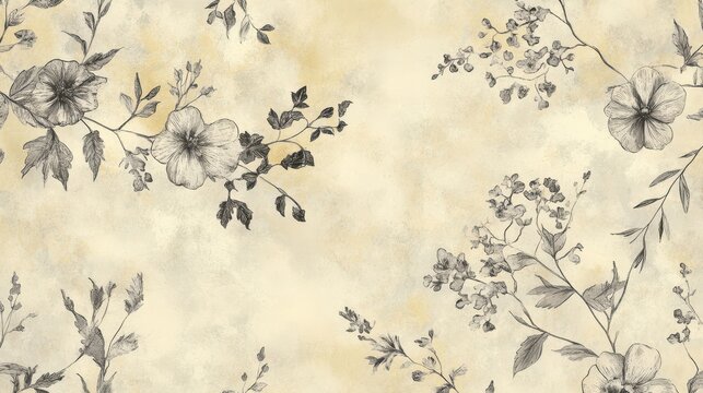 A timeless botanical wallpaper with etched floral engravings over a warm ivory watercolor background