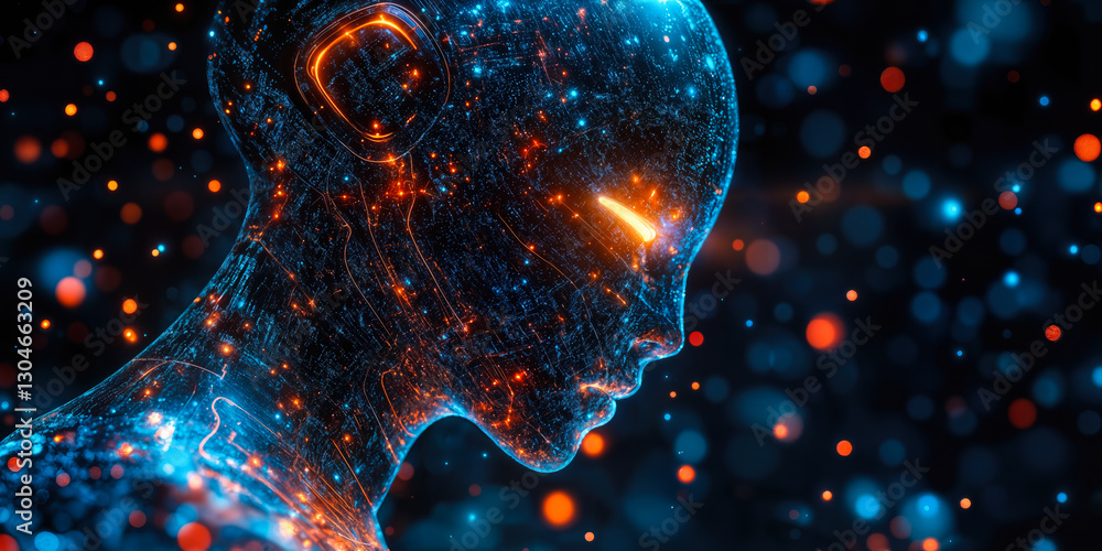 Aufkleber futuristic artificial intelligence conceptual design with glowing cybernetic human profile in digita