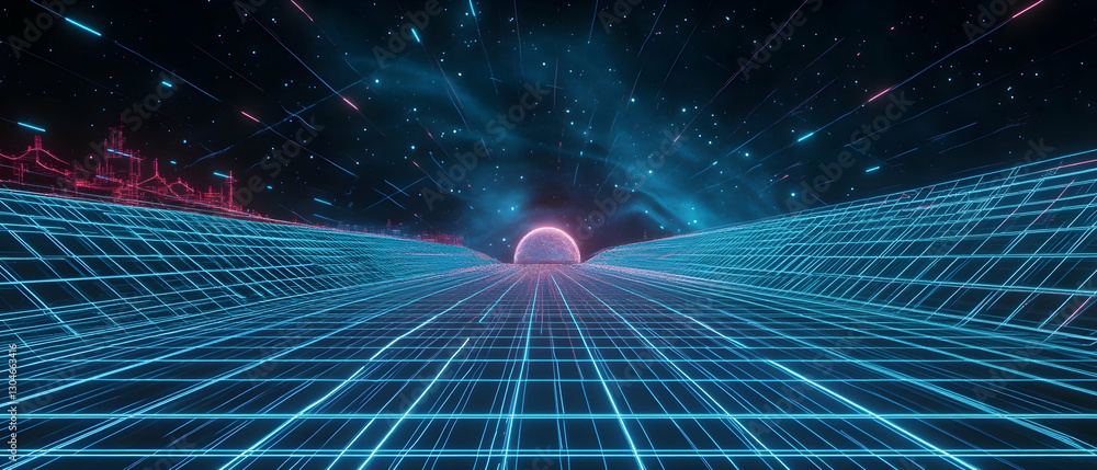 Poster retro futuristic design with perspective grid and wireframes, cyberpunk style -