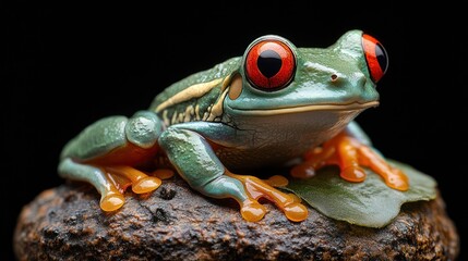 Naklejka premium Red-eyed tree frog rainforest closeup, perched leaf, black background, nature documentary