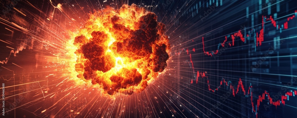Poster impact effect economic concept. explosive eruption with digital background and data graphics.