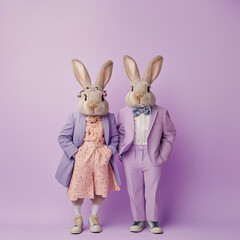 Obraz premium A modern, abstract illustration of an Easter bunny dressed in a stylish fashion suit. The trendy, hipster-inspired rabbit stands and poses with a loving couple. It features large rabbit ears, blending