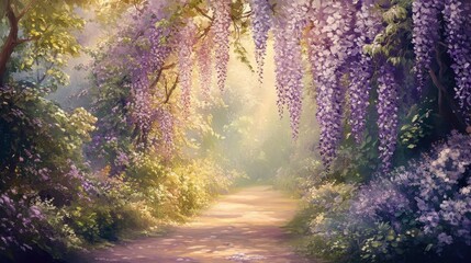 Fototapeta premium A rich botanical spring background with cascading wisteria vines over a sunlit path hand-painted textures blending lilac and soft peach shades