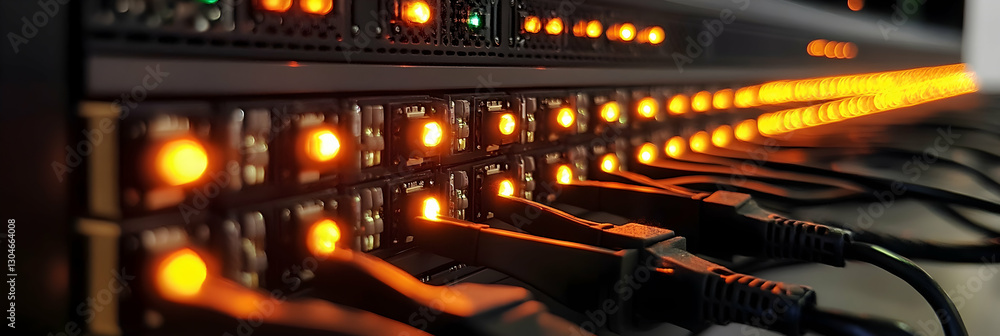 Poster row of network servers with glowing led lights, data center technology -