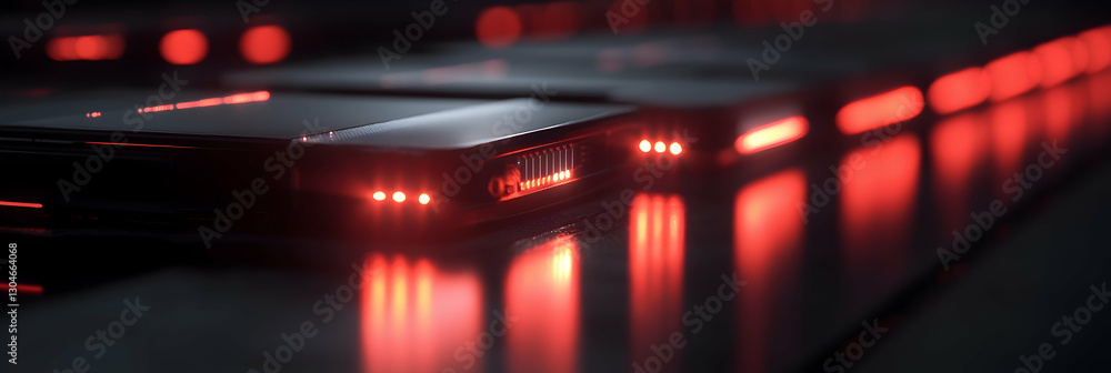 Poster row of network servers with glowing led lights, data center technology -