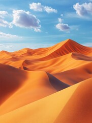 Serene desert landscape with undulating sand dunes under a clear blue sky with scattered clouds, creating a tranquil and expansive vista