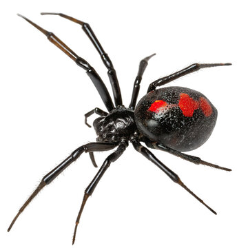 Black widow with a glossy black body and a red marking on its abdomen, isolated on a transparent background.