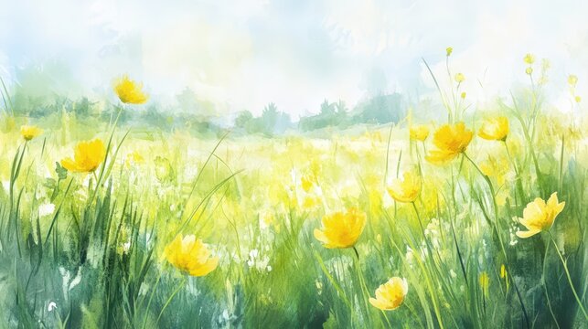 A watercolor spring backdrop featuring radiant buttercups and green grass merging with a pastel sun-drenched horizon