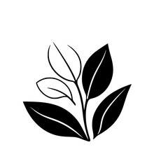 A stark, minimalist graphic illustration of leaves on a white background, with black outline and interior structure.