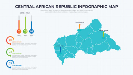 Infographic Map of Central African Republic. Central African Republic country map infographic colored vector template with regions and pointer marks.