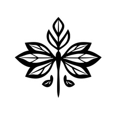 Stylized Black and White Dragonfly Leaf Design on White Background