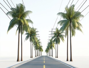 Tropical Road with Palm Trees and Power Lines