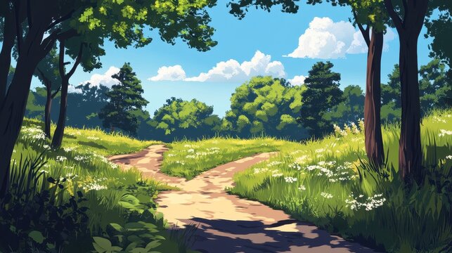 A beautiful landscape featuring a split path through a grassy area
