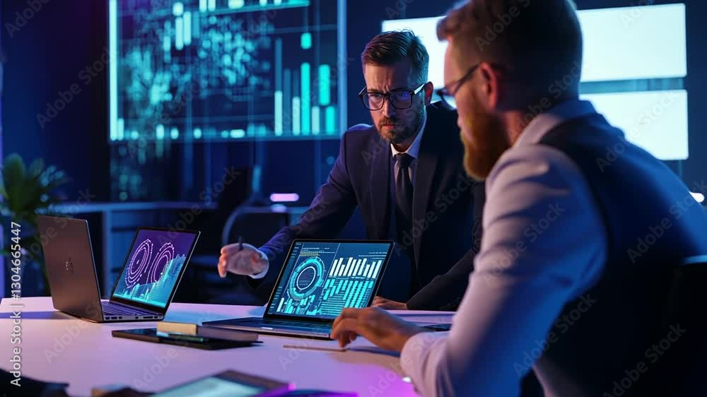 Poster data-driven strategy: business professionals analyzing financial graphs and charts on screen