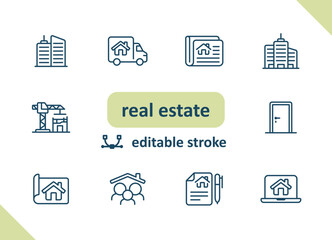Real estate icons. House, buildings, home vector icon set