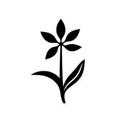 Black stylized flower illustration on white background, featuring minimalist design and clean lines.