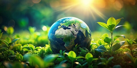 Miniature World Globe with Green Leaf, Macro Photography, Nature Background, Ecology Concept
