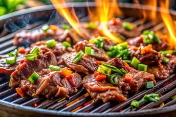 Naklejka premium Savor succulent Korean BBQ bulgogi! Sizzling marinated beef, vibrant veggies, and a flavor explosion. Get the recipe now!