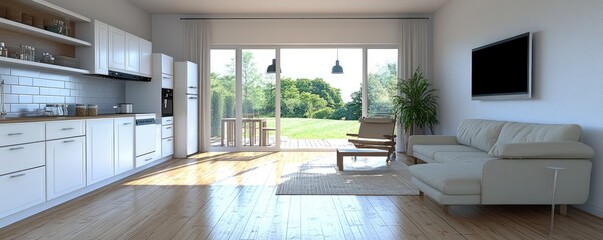 Bright open-plan kitchen-living area with garden view