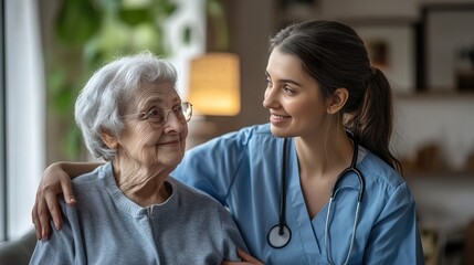 A home care nurse assisting an elderly patient, soft and warm lighting, trust and compassion in healthcare