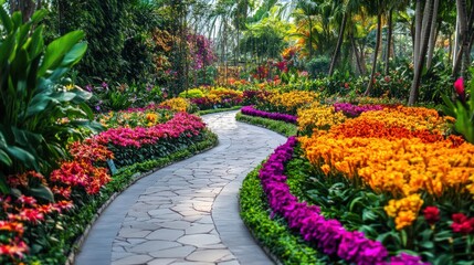 Obraz premium Colorful Flowers Line Winding Garden Path