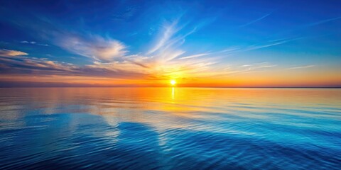Obraz premium Serene blue ocean sunset: calm water, peaceful beach, simple coastal minimalism. Tranquil scene, abstract nature.