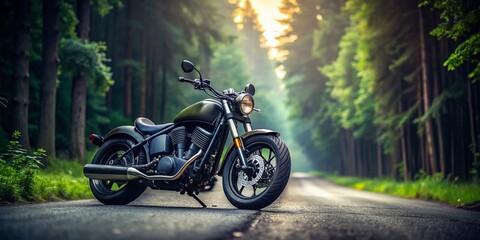 Obraz premium Minimalist Black Custom Motorcycle Asphalt Forest Background Stock Photo