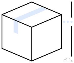 Geometric cube with sealed top, vertical line separator, cloud outline, and minimalist dots. Ideal for shipping, storage, organization, creativity, technology workflows simplicity flat simple