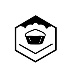 Minimalist grayscale logo design featuring a muffin in a hexagon, symbolizing a bakery. The image has clouds and a minimalistic style.