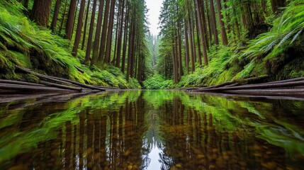 Tranquil Forest River Reflection Lush Green Trees and Calm Water