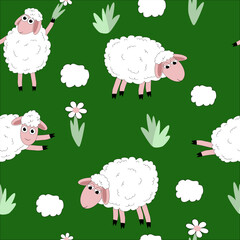 Bright seamless vector pattern. Cute cartoon sheep graze and frolic on a green background. Ideal for design, fabrics, farm product packaging, wallpapers and prints.