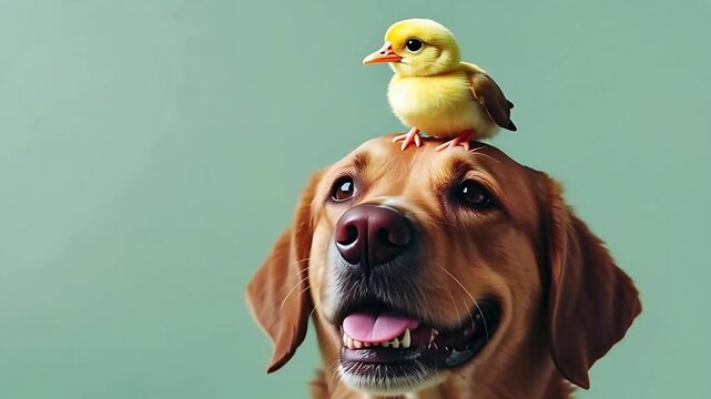 cute spring / easter background with funny animals friends: yellow baby bird sitting on labrador head; concept of easter greeting card, holiday celebration, spring advertising; copy space