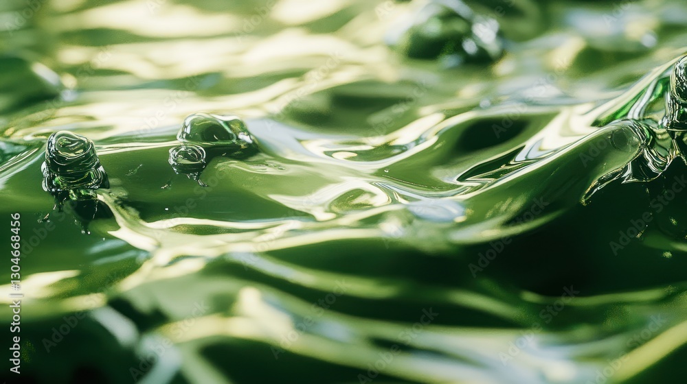 Poster abstract visualization of vibrant green fluid surface with swirling textures and captivating light r
