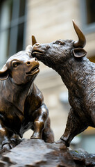 Statue of a bull and bear fight, representing market investor concepts  -