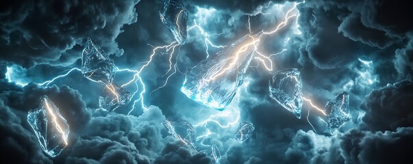 Obraz premium A storm with bolts of lightning freeze mid-air glowing inside floating glass shards