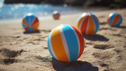 Obraz premium Beach Balls: Inflatable balls with lively stripes of color, designed for beach play, perfect for a day in the sand or water under the sun. 
