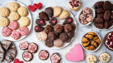 Obraz premium Creative Flat Lay of Valentine-Themed Cookies and Desserts Perfect for Celebrating Love with Sweet Treats and Festive Celebrations on a Marble Background