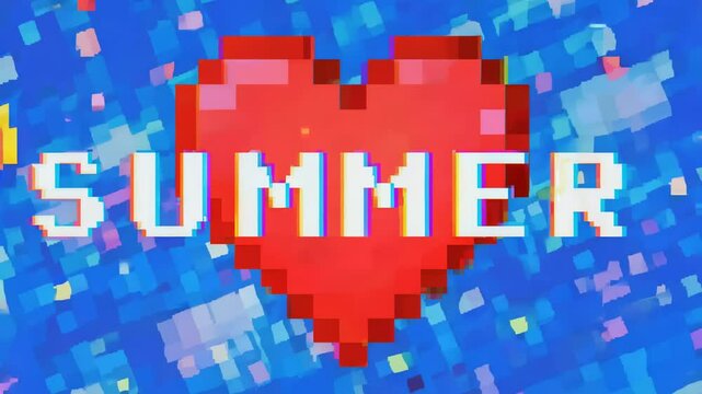 Pixelated red heart with summer text on vibrant blue background, digital retro style with colorful abstract design