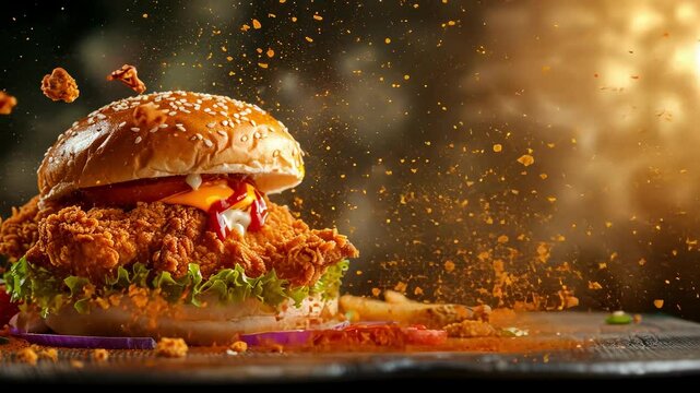 delicious juicy chicken burger on a dark background