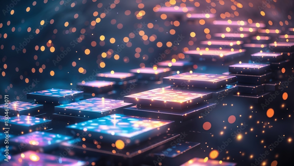 Poster colorful abstract patterns with glowing squares and bokeh lights at night