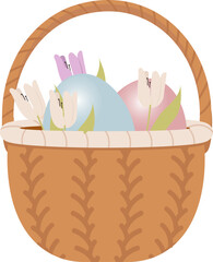Basket Of Flowers And Easter Eggs