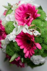 Vibrant Wedding Floral Arrangement with Pink Green and White Fresh Blooms..
