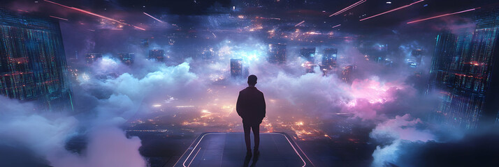 Tech guru working in a futuristic data center with servers and cloud computing  -