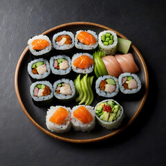 Glistening Sushi Rolls on a Slate Platter